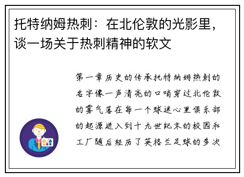 托特纳姆热刺：在北伦敦的光影里，谈一场关于热刺精神的软文