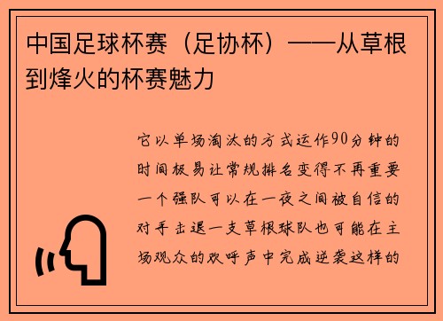 中国足球杯赛（足协杯）——从草根到烽火的杯赛魅力